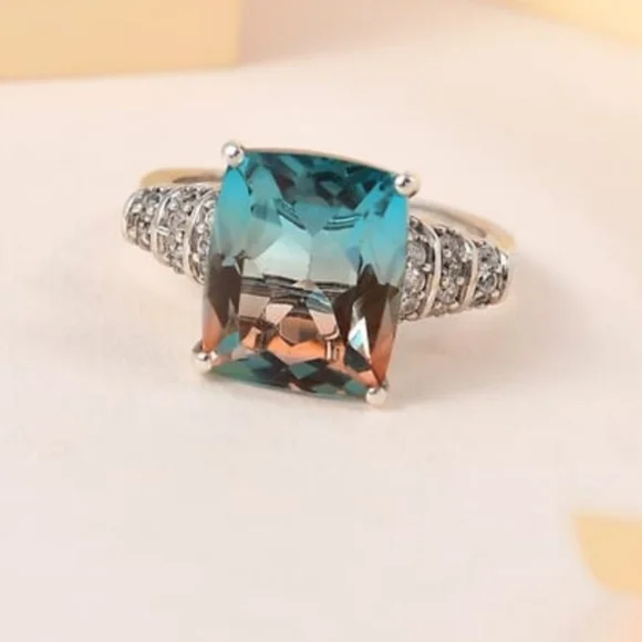 Aqua Colorful Terra Costa Quartz Triplet & White Zircon Ring in 925! Size 7 New - Picture 8 of 14